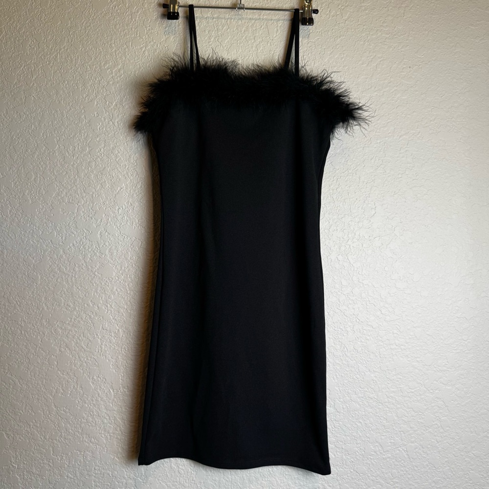 Elegant Black Feather-Trim Mini Dress